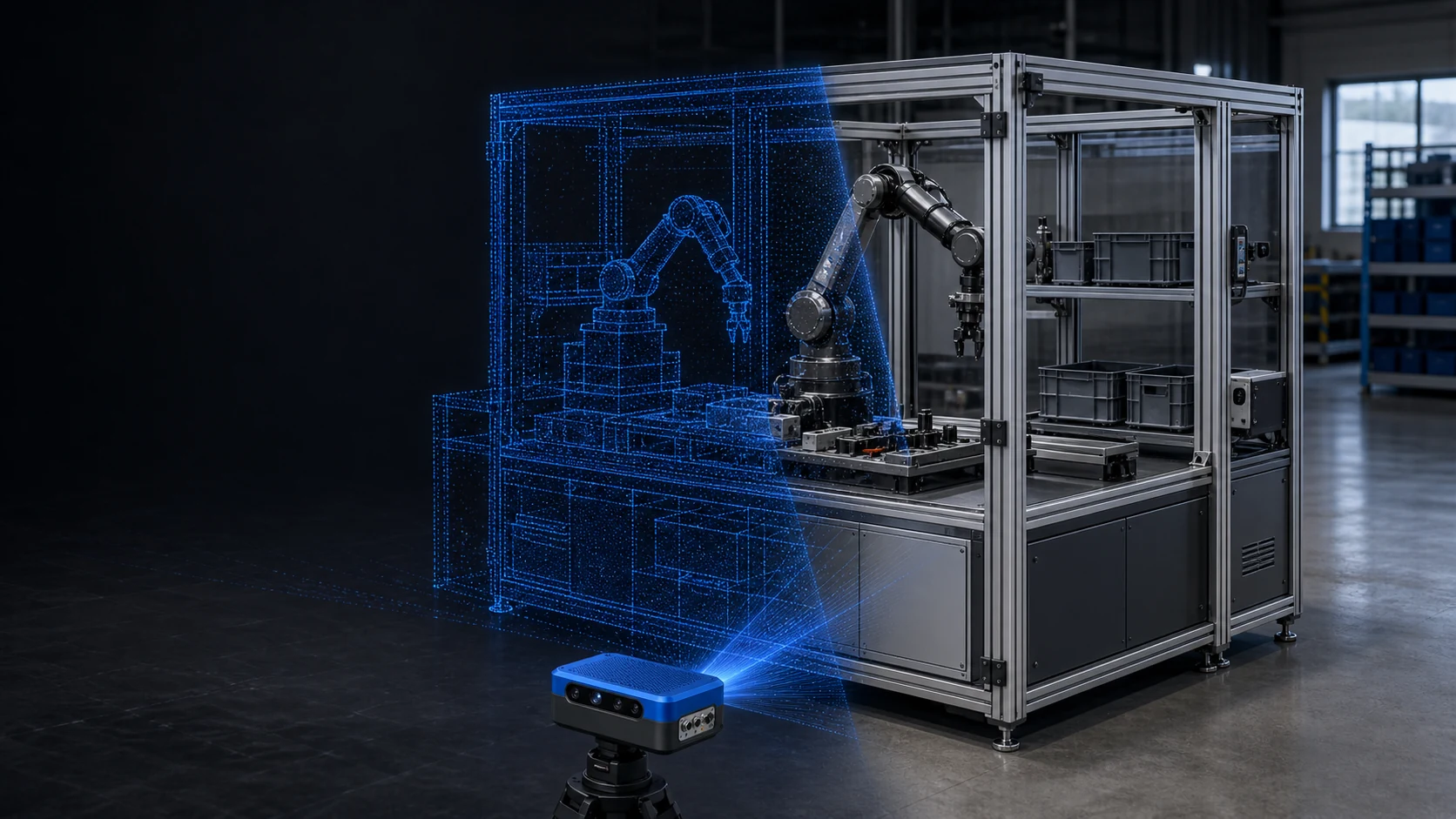An industrial robot cell aligned with a simulation-ready digital twin