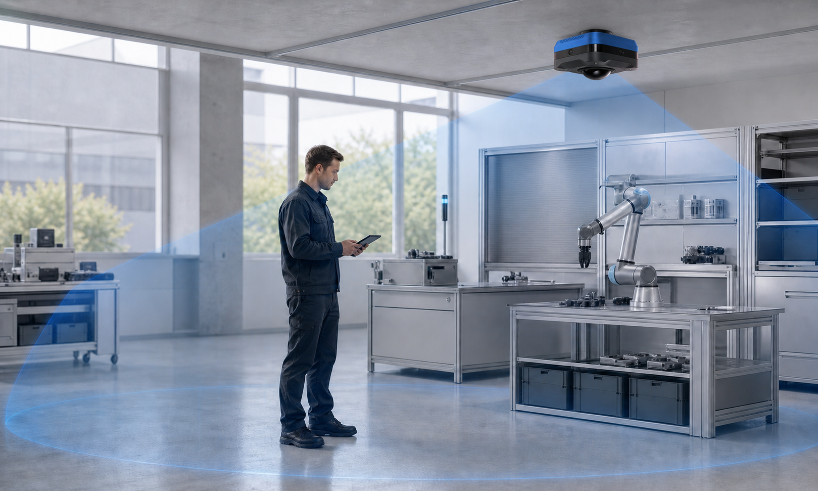 Kinematics Halo observing a technician and collaborative robot inside a configurable blue workspace zone